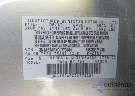 2013 Nissan Sentra Sr z USA, uszkodzony, nr VIN 3N1AB7APXDL773184